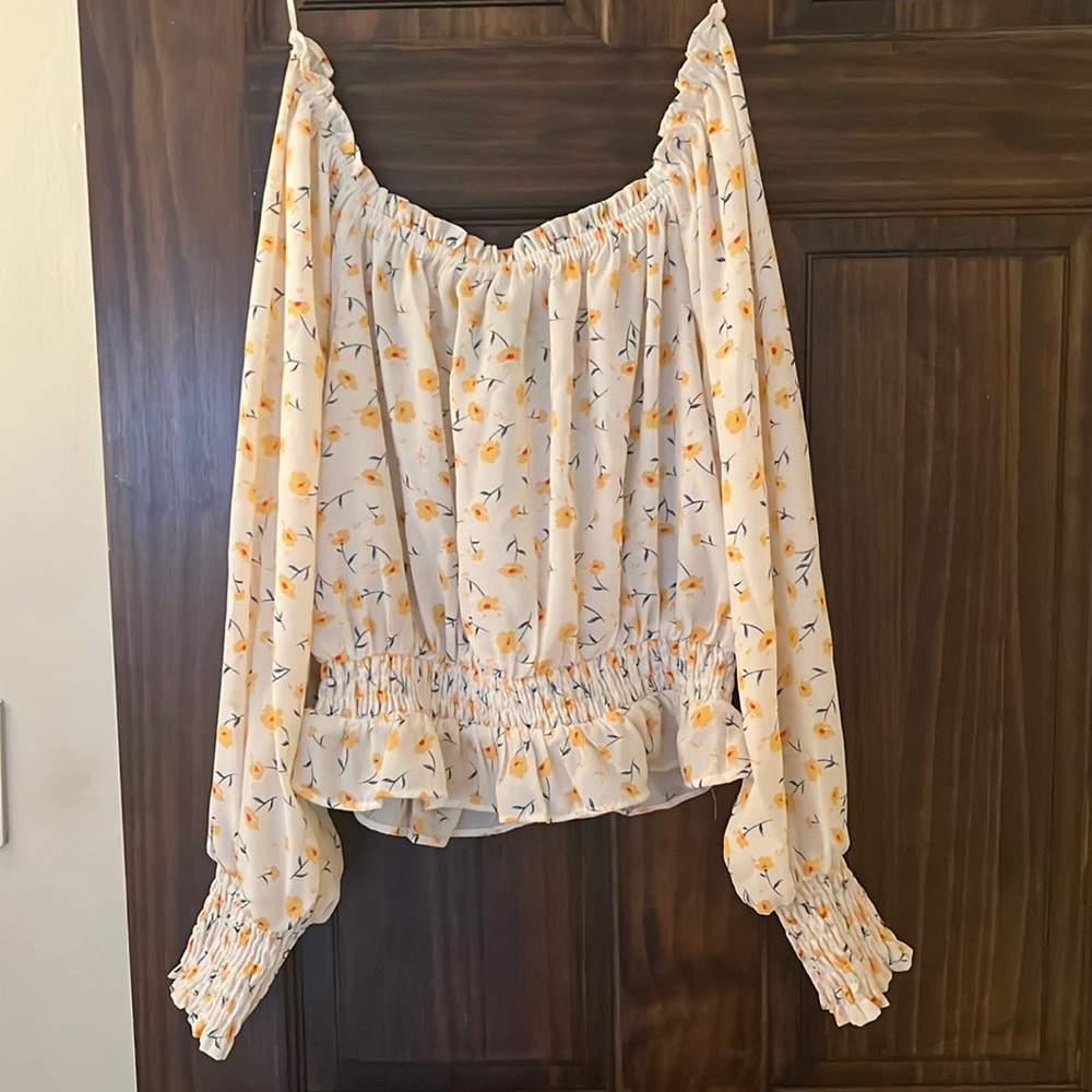 Aqua White off the shoulder long sleeve top